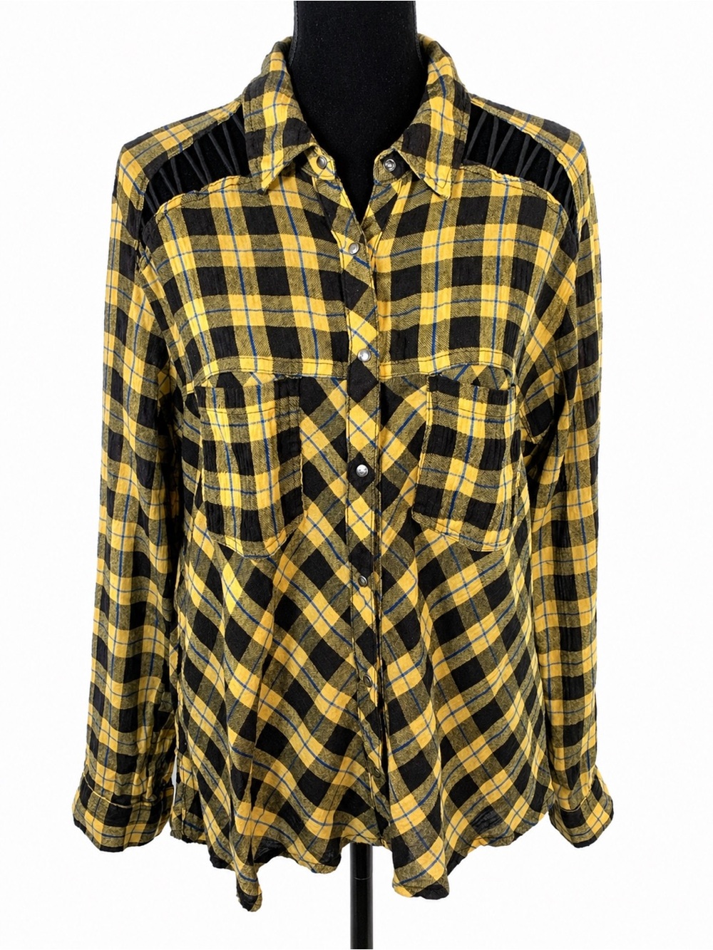 Free People Yellow Plaid Snap-Down Lace-Up Shoulders Boho Flannel Shirt Medium - Picture 2 of 13